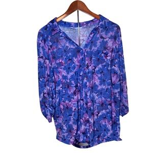 Emily Daniels Casual Button Down Shirt Women's XL Blue Purple Floral Roll Tab